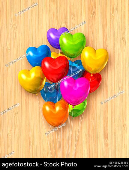 Colorful heart shape air balloons group on a dark wooden background. 3D illustration render