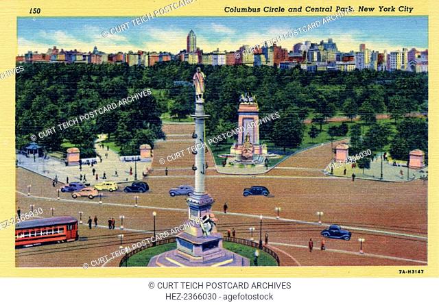 Columbus Circle and Central Park, New York City, New York, USA, 1937. Vintage linen postcard showing a bird's eye view of Columbus Circle with Central Park in...