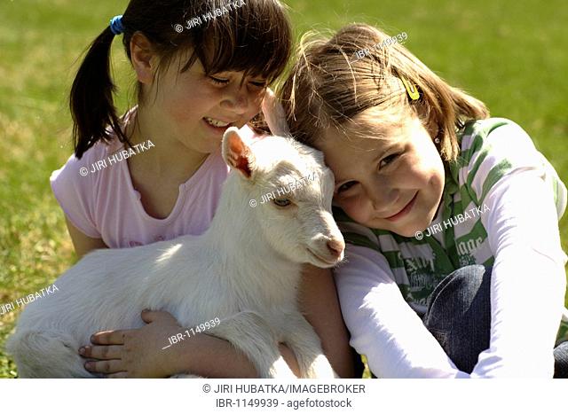 Two 8-year-old girls with a goatling