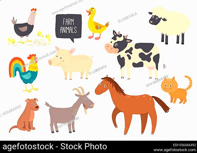Set of cute farm animals. Horse, cow, sheep, pig, duck, hen, goat, dog, cat,  Stock Vector, Vector And Low Budget Royalty Free Image. Pic. ESY-056066492  | agefotostock