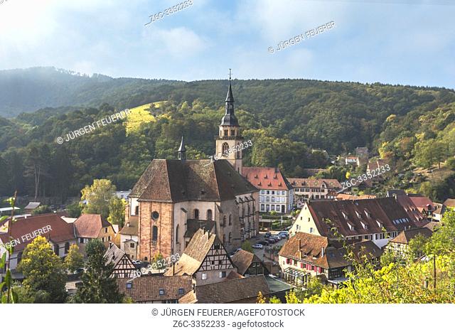 village Andlau from above, Alsace Wine Route, France, ancient monastery at the foothills of the Vosges mountains