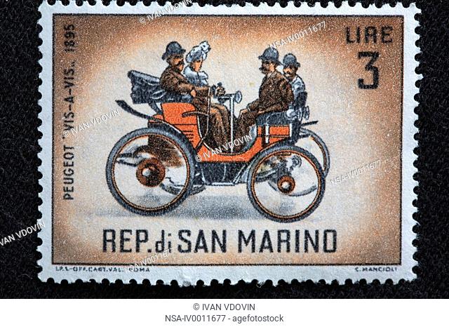 Car Peugeot Vis-a-vis 1895, postage stamp, San Marino