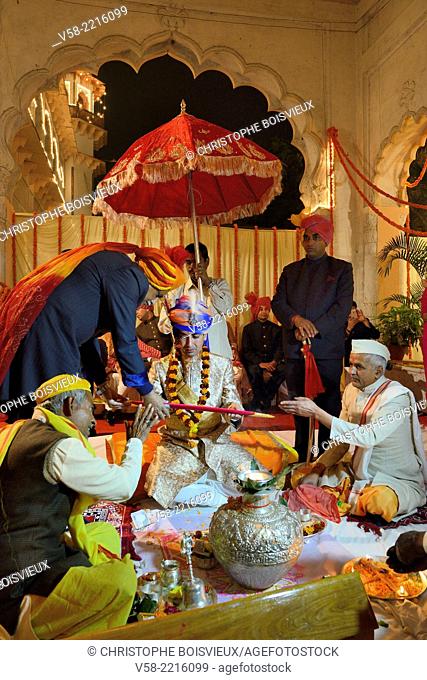 India, Uttar Pradesh, Lucknow, Hotel Carlton, Royal wedding, Bridegroom Anirudh Chand of Jubbal receiving a ceremonial sword from his father in law