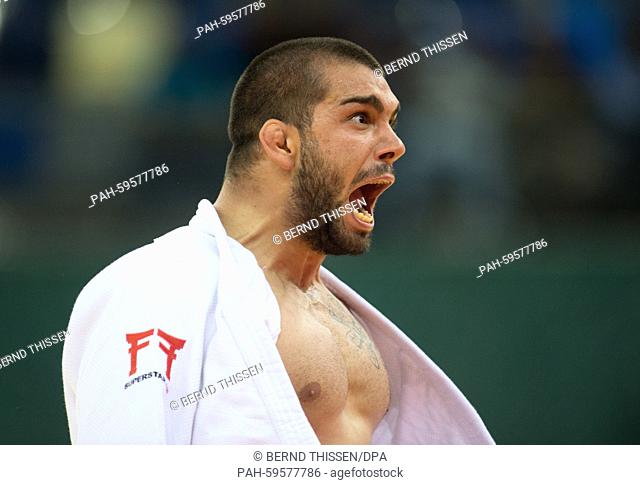 Belgium's Toma Nikiforov (white) celebrates in the Men's -100kg Bronze Medal Final at the Baku 2015 European Games in the Heydar Aliyev Arena in Baku
