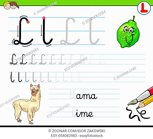 Cartoon Illustration of Writing Skills Practice with Letter L Worksheet for Preschool and Elementary Age Children
