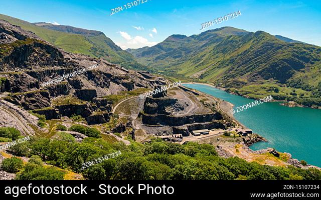 View from Dinorwic Quarry, near Llanberis, Gwynedd, Wales, UK - with Llyn Peris, the Dinorwig Power Station Facilities and Mount Snowdon in the background