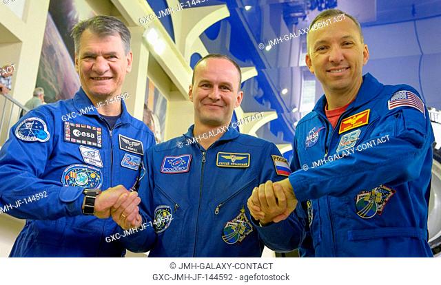 Expedition 52 flight engineers Paolo Nespoli of ESA, left, Sergey Ryazanskiy of Roscosmos, center, and Randy Bresnik of NASA are seen as they start their second...
