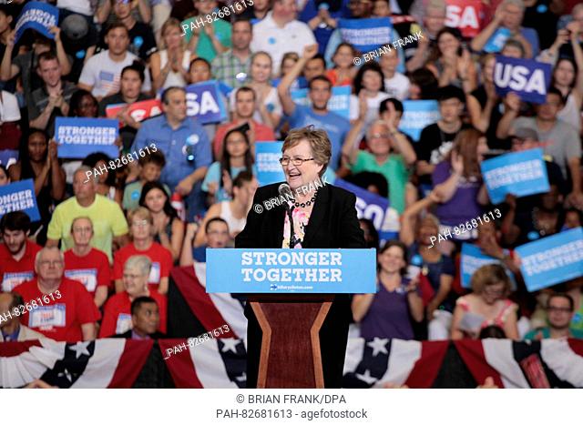 U.S. Democratic senate nominee Patty Judge speaks before U.S. Democratic presidential nominee Hillary Clinton greets supporters following her speech at a...