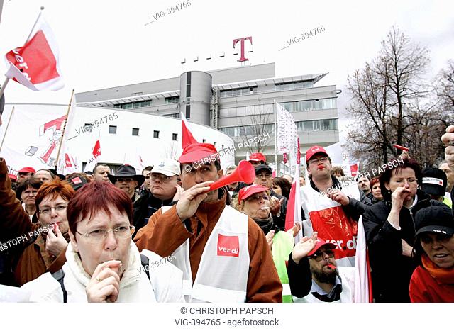Demonstration of the trade union ver.di in front of the headquarters of the Deutsche Telekom AG against personell cut down