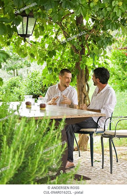 Men relaxing at table in a garden