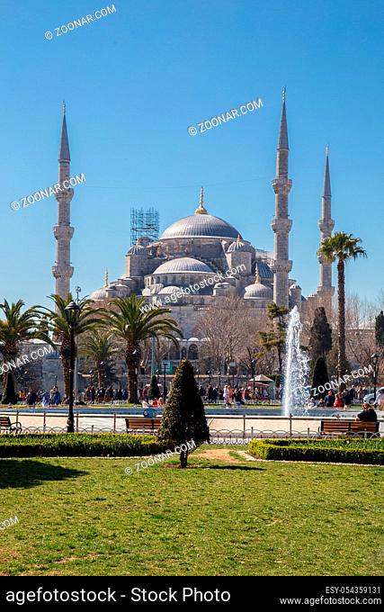 Istanbul, Turkey - March 25, 2019: Editorial: Tourists visiting Blue Mosque, also called the Sultan Ahmed Mosque or Sultan Ahmet Mosque under sunlight in the...