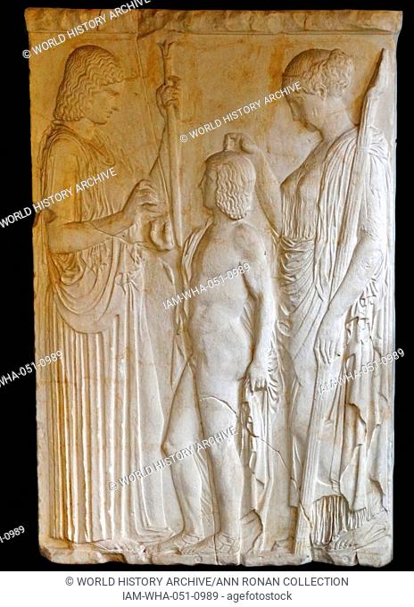 Triptolemus receiving wheat sheaves from Demeter and blessings from Persephone, 5th-century BC relief, National Archaeological Museum of Athens
