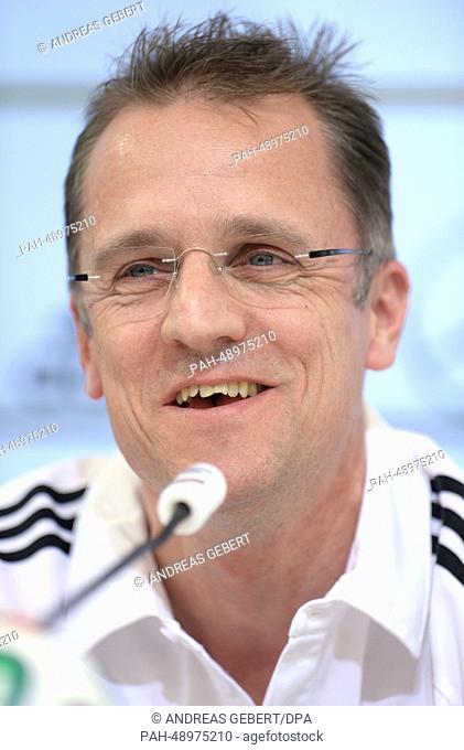 Tim Meyer of the team doctors of the German national soccer team, attends a press conference on a training compound at St