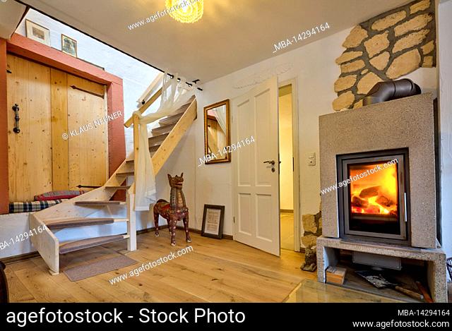 Photo reportage with text, Obere Gasse No 7, homestory, hallway, stairs, tiled stove, renovation, interior, Rothenfels, Main Spessart, Franconia, Bavaria