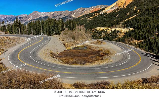 OCTOBER 8, 2017 - 'Circular elevated view of Colorado State Highway 550, known as 'Million Dollar Highway' threads its way from Silverton to Ouray