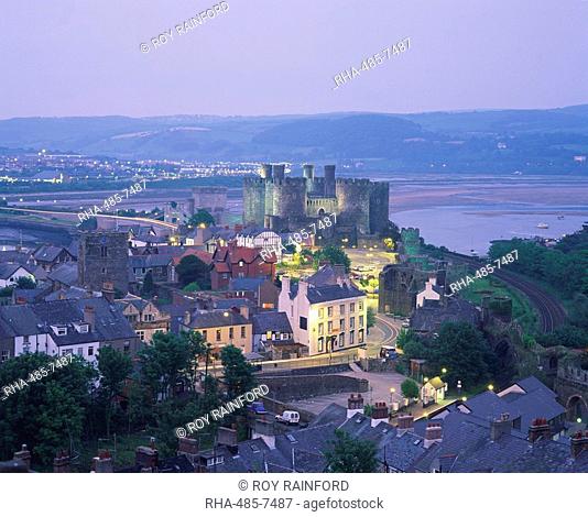 Aerial of Conway and castle, UNESCO World Heritage Site, Gwynedd, North Wales, United Kingdom, Europe