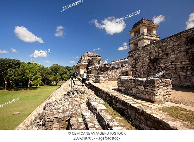 Tourists near the Palace in Palenque Archaeological Site, Palenque, Chiapas State, Mexico, North America