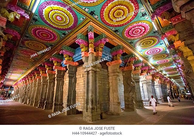 Gopuram, India, South India, Asia, Madurai, Sri Meenakshi, Tamil Nadu, art, big, famous, ceiling, colourful, corridor, Dravidian, religion, Hinduism, interior