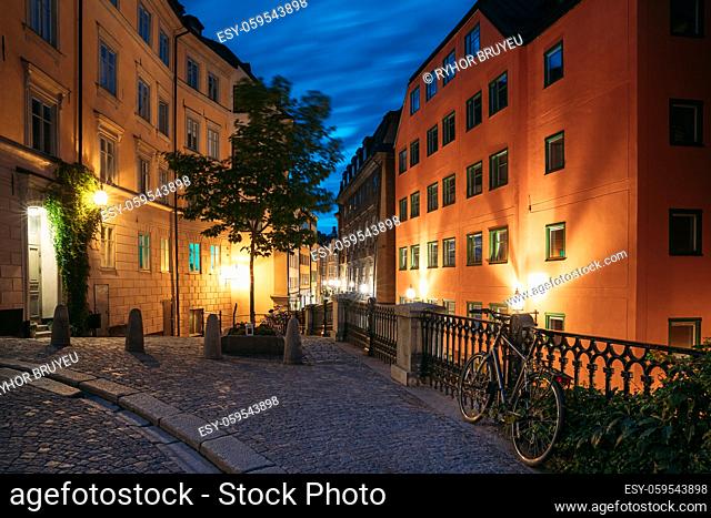 Stockholm, Sweden. Night View Of Traditional Stockholm Street. Residential Area, Cozy Street In Downtown. Osterlanggatan Street In Historical District Gamla...