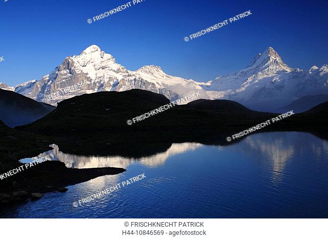 Swiss Alps, reflection, Bachalpsee, lake, water, Wetterhorn, Schreckhorn, fog, clouds, summer, First, silhouettes, Gri