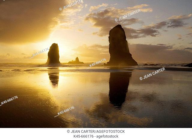 The Needles at sunset. Cannon Beach. Northern Oregon coast. USA