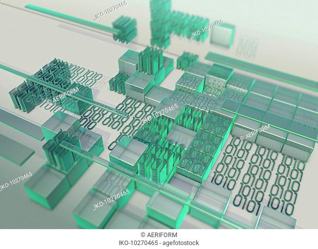 Blocks of green binary code data forming uneven surface
