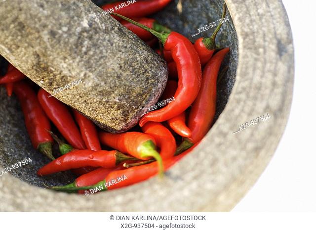 Big red chilli in a stone mortar with pestle