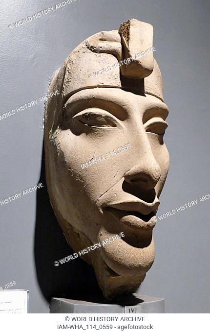 King Amenhotep IV with the Double Crown of Upper and Lower Egypt. Amarna style sculpture circa 1360 BC. Akhenaten ( known before the fifth year of his reign as...