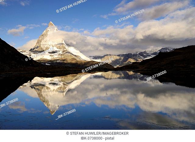 Mt Matterhorn reflected in Riffelsee Lake, Zermatt, Canton of Valais, Switzerland