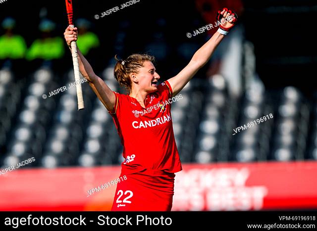 Belgium's Stephanie Vanden Borre celebrates after scoring during a hockey game between Belgian national team Red Panthers and New Zealand