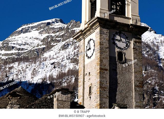 staple in front of snow covered mountain, Ticino, Switzerland, Ticino, Italienische Schweiz, Sonogno