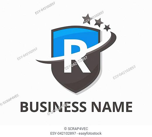 blue and grey color shield get slice into half logo graphic design with modern clean style for protection or security company with initial type letter r on it