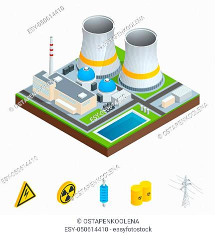 Vector isometric icon, infographic element representing nuclear power station, reactors, power lines and nuclear energy generation related facilities