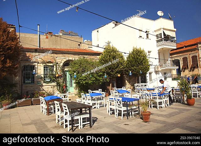 Open-air restaurant in Marsilya Square at the town center of Old Foca, the ancient Phokaia, Foca, Izmir, Aegean Region, Turkey