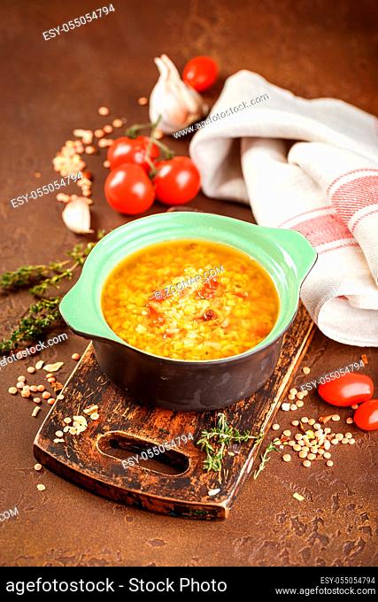 Vegetarian Lentil soup - Masoor Dal or Dal Tadka Curry, vegan cuisine