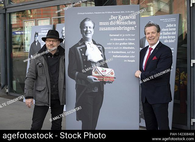 Thomas Ahrendt, photographer, artist, left, Christoph Kuckelkorn, President Festkowithee Koelner Karneval, press conference for the presentation of the...