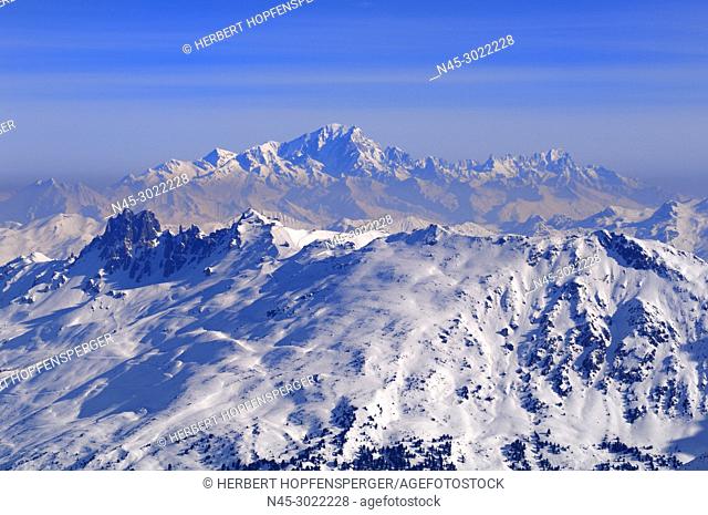Monte Blanc 4810m, Panoramic View, Snow Scenery, Haute Savoie, Trois Vallees, Three Valleys, Ski Resort, France, Europe