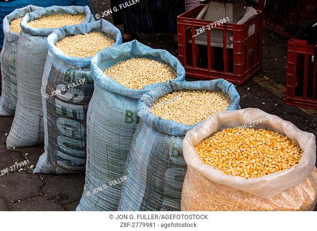 Sacks of corn or maize seeds at the market in Santiago Atitlan, Guatemala