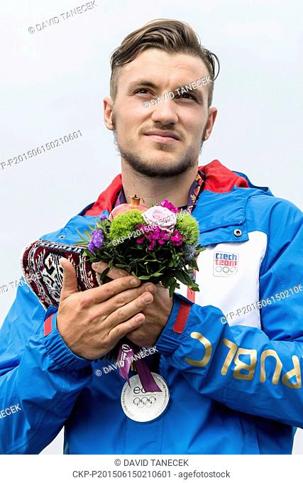 Martin Fuksa of Czech Republic celebrates silver medal for the C1 men's canoe single 1000m final of the canoe sprint at the Baku 2015 European Games in...