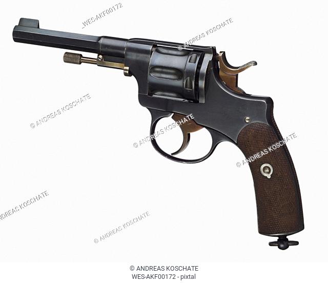 Close up of pistol against white background