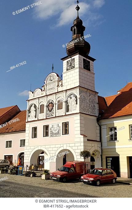 Front of the town hall of Volyne with sgraffitto art, south Bohemia, Czech Republic
