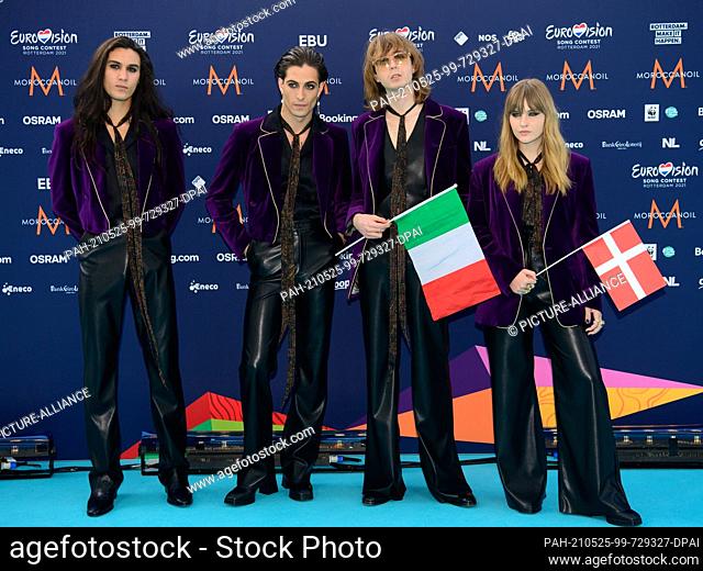 16 May 2021, Netherlands, Rotterdam: Drummer and guitarist Ethan (l-r), singer Damiano, guitarist Thomas and bassist Victoria from the band ""Maneskin"" (Italy)...