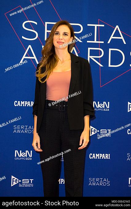Italian actress Emanuela Fanelli attends Red Carpet of the third edition of FeST - The Festival of TV Series, the first Italian festival entirely dedicated to...