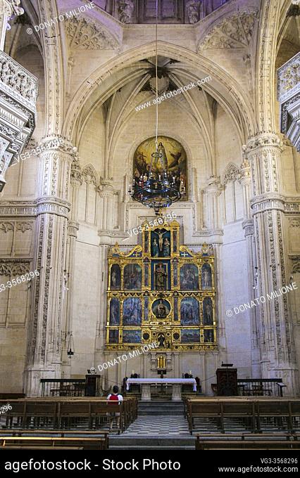 Toledo, Castilla-La Mancha, Spain, Europe. Monastery of San Juan de los Reyes ((1477â. “1504). Interior of the church, the main chapel and altar