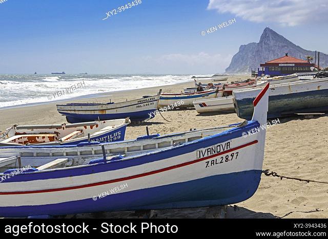 La Linea de la Concepcion, Cadiz Province, Andalulusia, southern Spain. Fishing boats on Playa de Atunara. Atunara beach