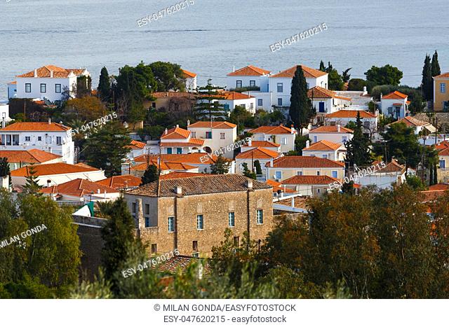 View of Spetses village from a hill above, Greece.