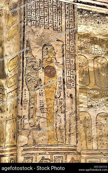 Reliefs, Pharaoh on Square Pillar, Tomb of Ramses V & VI, KV9, Valley of the Kings, UNESCO World Heritage Site, Luxor, Egypt