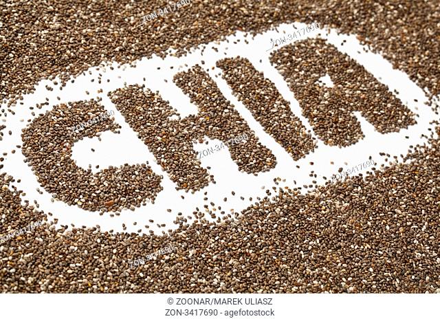 chia word made from chia seeds on white artist canvas