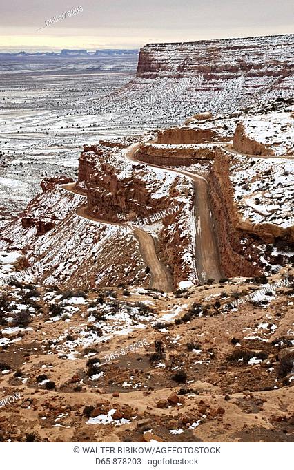 Dirt road switchbacks in winter, Moki Dugway, Utah, USA