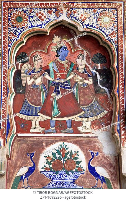 India, Rajasthan, Shekhawati, Nawalgarh, Morarka Haveli, mural